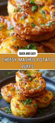 cheesy mashed potato puffs on a plate with the words quick and easy