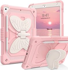 the pink ipad case is open and has an image of a white butterfly on it