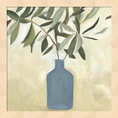 an oil painting of a blue vase with green leaves in it on a beige background