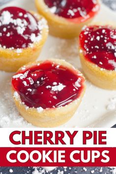 cherry pie cookie cups on a white plate with powdered sugar and text overlay