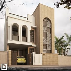 a yellow car is parked in front of a modern building with arched windows and balconies