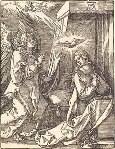 a drawing of an angel kneeling next to a woman in a room with other items