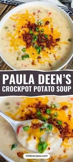 two bowls filled with potato soup and topped with cheese