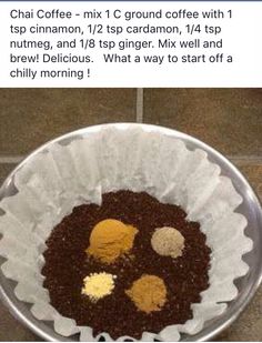 a metal bowl filled with food on top of a tiled floor