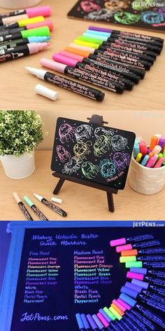 there are many different types of markers on the table and in front of each other