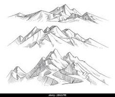 three mountain tops are shown in black and white, one is drawn with pencil on paper