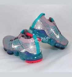 "CUSTOM 100% Authentic Blinged Women's Nike Air VaporMax Flyknit 3 🌟 SHIPS FREE! 🌟 DETAILS: ★ STYLE: NIKE AIR VAPORMAX FLYKNIT 3.0 Running Shoes for women ★ Color: \"South Beach\" black/teal- Style: AJ6900 500 (Other colors are available - see image above of some more ways available!) BLING OPTIONS: 💎 Outer 2 sides swoosh logos: Approx. 100 Crystals per logo. 💎💎 All 4 logos (inner 2 + outer 2) = About 400 crystals!! Heels: Approx. 300 crystals per heel!! *Both heels = About 600 crystals! He Bling Nike Shoes, Nike Air Vapormax Flyknit 3, Trainers For Women, Nike Air Vapormax Flyknit, Custom Bling, Vapormax Flyknit, Nike Vapormax, Custom Glitter, Air Vapormax