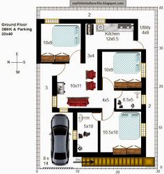 a floor plan for a house with two cars parked in the driveway