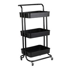 a three tiered black plastic cart with wheels and two trays on each side