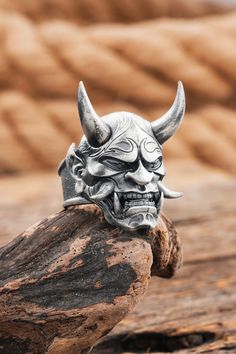 Japanese Samurai Mask, Samurai Mask, Mythology Jewelry, Oni Mask, Oxidized Ring, Japanese Samurai, Sugar Land, Platinum Metal, Valentines Jewelry