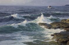 a painting of a boat in the ocean with waves crashing on it's rocks