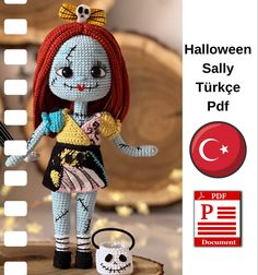 an image of a doll made out of beads and yarns with the caption'halloween sally turkge pdd '