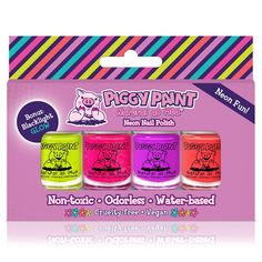 Kids will love this set of Neon mini polishes? and as a bonus, it GLOWS in blacklight! Piggy Paint nail polish is Non-toxic, Virtually Odorless, and Kid-friendly! This water-based formula dries hard and doesn?t wash or peel off. Enjoy a rainbow of fun shades that are Cruelty-free and Vegan. ALL the fun, with NO harsh chemicals! Nail Polish Box, Nail Polish Gift Set, Kids Nail Polish, Nail Polish Gift, Paint Nail, Dark Nail Polish, Neon Nail Polish, Neon Box, Vegan Kids