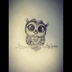 a drawing of an owl with big eyes sitting on top of a tree branch in front of a white wall