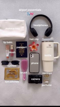 the contents of a travel bag laid out on top of a white surface with text above it