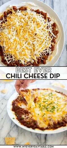 the best ever chili cheese dip recipe is in two different dishes and it's ready to be eaten