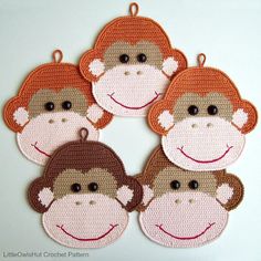 four monkeys with different facial expressions on their faces are shown in this embroidery kit for kids