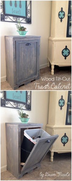 an old dresser is transformed into a trash can cabinet with wood and metal trimmings