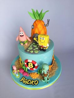 a birthday cake with spongebob and friends on top