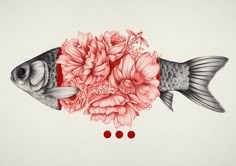 a drawing of a fish with flowers in its mouth