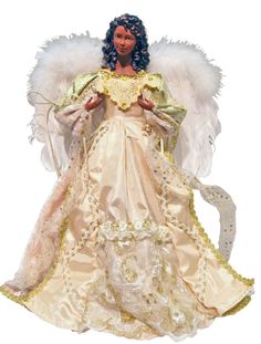 African American Angel Tree Topper - Gold/White - 16 Inch - The Country Christmas Loft Gold Feather Tree Topper, African American Angel Tree Topper, Elegant Christmas Tree Angel Topper, African American Angel Christmas Tree Topper, Fantasy Christmas, Lighted Tree Topper, Light Tree, White Gold Dress, Angel Christmas Tree Topper