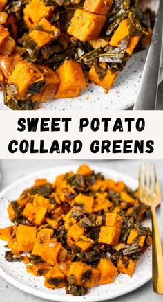 sweet potato and collard greens on a white plate