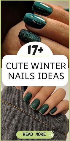 Nails Design Winter Colors, Nails With One Different Color, Christmas Nails Natural Color, Simple Winter Manicure, Ideas For Winter Nails, December Color Nails, Green Winter Nail Ideas, Xmas Nail Colors, Dark Green Matte Nail Designs