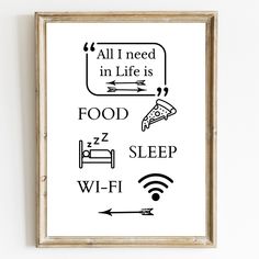 a black and white poster with the words all i need in life is food sleep wifi