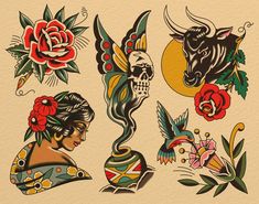 an image of tattoos with flowers and skulls on the back of their head, as if they were tattooed