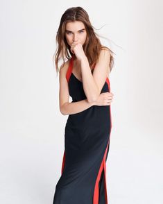 Scarlet Silk Navy Halter Dress with Red Stripe Details | rag & bone Red Halter Dress For Summer Formal, Red Halter Dress For Summer Formal Events, Chic Red Halter Dress With Spaghetti Straps, Chic Red Dresses With Side Slits, Chic Red Bias-cut Dress, Chic Red Bias Cut Dress, Black Dresses With Contrast Stripes, Chic Fitted Dress With Contrast Stripes, Black Summer Dresses With Contrast Stripes