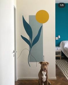 a brown dog sitting in front of a blue and yellow wall