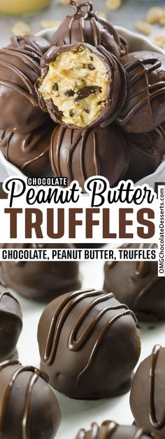 chocolate peanut butter truffles are stacked on top of each other with the words chocolate peanut butter truffles above them