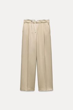 DOUBLE WAIST WIDE LEG PANTS - Sand | ZARA United States Drawstring Pants For Elevated Casual Fall Wear, Drawstring Pants For Elevated Casual Fall Occasions, High-waisted Pants With Elastic Side Panels, Spring Straight Drawstring Pants, Spring Drawstring Straight Pants, Spring Straight Pants With Drawstring, Straight Pants With Pockets For Daywear, Stretch Straight Leg Pants With Drawstring, Spring Trousers With Elastic Side Panels