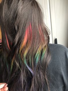 Rainbow peekaboo highlights using Pulp Riot hair color Rainbow Peekaboo, Rainbow Hair Highlights, Pulp Riot Hair Color, Peekaboo Highlights, Peekaboo Hair, Pulp Riot Hair, Hair Streaks