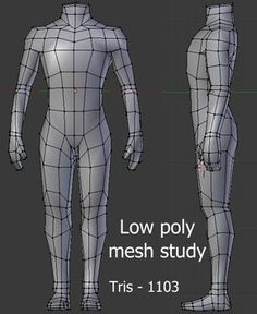 the front and back view of a man's body, with text below it that reads low poly mesh study