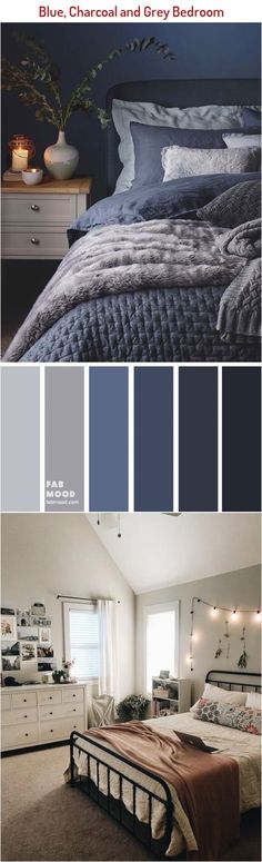 a bedroom with blue, gray and white colors in the bedding is featured on this page