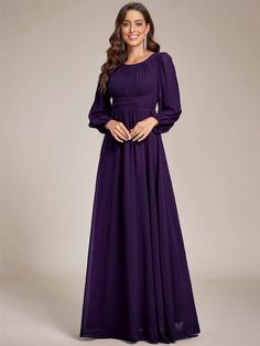 Chiffon High Empire Waist Puff Sleeve Bridesmaid Dress #color_Dark Purple Long Chiffon Evening Dress, Puffed Long Sleeves, Mother Dress, Chiffon Evening Dresses, Ever Pretty, Mothers Dresses, Chiffon Long Sleeve, Chiffon Bridesmaid Dress, Nude Heels