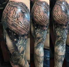 this is a full sleeve tattoo with the statue of liberty on it and an american flag