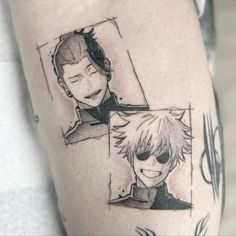 a couple of anime characters on the back of a man's leg with tattoos