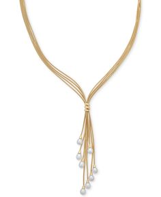 Playful elegance. A tassel adorned with cultured freshwater pearls beautifully finishes this stunning multi-strand lariat necklace. Also available in 14k rose gold over sterling silver with pink pearls. Formal Lariat Necklace With Dangle In Fine Jewelry Style, Formal Fine Jewelry Lariat Necklace With Dangle, Elegant Yellow Gold Jewelry From Macy's, Formal Yellow Gold Round Lariat Necklace, Formal Lariat Chain Necklace In Fine Jewelry Style, Elegant Single Strand Lariat Necklace For Formal Occasions, Formal Lariat Chain Necklace Fine Jewelry, Elegant Single Strand Lariat Necklace For Formal Events, Formal Fine Jewelry Lariat Chain Necklace