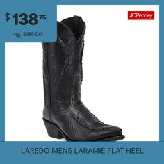 The Laramie boot has an eclectic western flair, much like the town it was named after. Classically made with genuine leather. Features detailed western stitching, as well as a stylish buck lace stitching throughout.Features: ComfortClosure Type: Pull OnShaft Circumference: 13 InchesBoot Shaft Height: 12 InchesShoe Heel Height: 1 1/4 InchesUpper/Outer Base Material: 100% LeatherShoe Lining Material: PolyesterSole Material Content: 100% RubberCalf Width: RegularToe Type: Pointed Toe, Closed ToeHe… Fall Moto Boots For Western-themed Events, Western Moto Boots With Almond Toe, Eclectic Western, Heel Cowboy Boots, Cowboy Boots Black, Boots Cowboy, Boots Black, Cowboy Boots, Black Boots