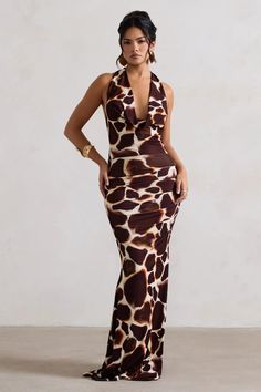 Tulum Giraffe Print Cowl-Neck Gathered Split Maxi Dress – Club L London - USA Resort Maxi Dress, Club L London, Black Dress Prom, Black Tie Gala, Party Dress Long Sleeve, Split Maxi Dress, Halter Strap, Bridesmaid Outfit, Summer Glow