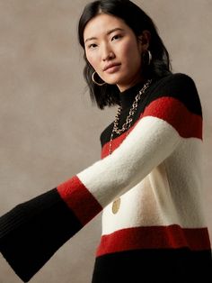 Relaxed Color-Blocked Sweater | Banana Republic Womens Colorblock Sweater, I Fall To Pieces, Colorblock Sweater, Women's Sweaters, Red Star, Color Block Sweater, Mock Neck Sweater, Red Sweaters, Flared Sleeves