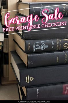 stack of vintage books text reads - garage sale free printable checklist Random House