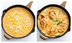 two pictures of chicken enchiladas with cheese and tortilla bread in skillets