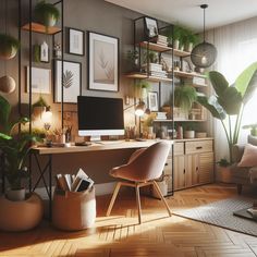 a home office with plants and pictures on the wall