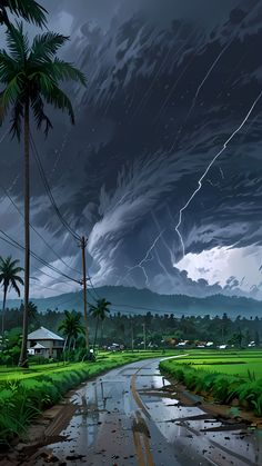 a painting of a storm moving across the sky over a rural area with palm trees