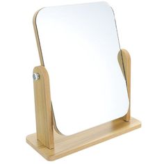 a wooden stand with a mirror on it