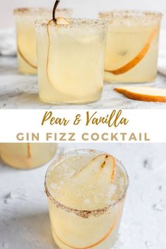 pear vanilla gin fizz cocktail in glasses with orange slices on the rim and text overlay