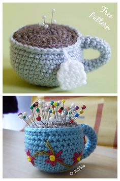 crocheted coffee cup with pins in it